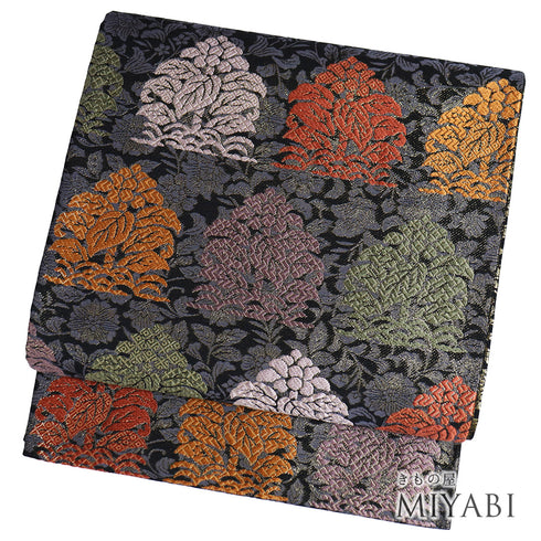 袋帯 リサイクル 帯丈432cm 全通 花唐草柄 西陣織 ブラック Sサイズ 正絹 新品・未使用品 フォーマル お洒落