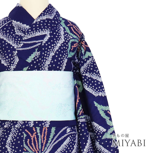 浴衣 リサイクル 夏着物 身丈166cm 裄67cm 夏物 絞り 蝶々柄 ミシン仕立て ブルー LLサイズ カジュアル 木綿 洗える着物 バチ衿 Sランク