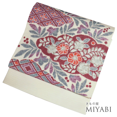 名古屋帯 リサイクル 帯丈352.5cm ポイント柄 夏用 雲取り 辻が花 絞り柄 絽 アイボリー Sサイズ 不明 Aランク お洒落