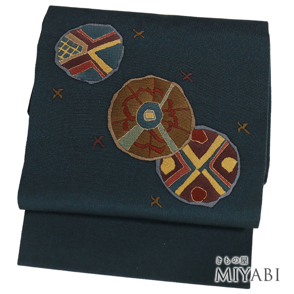 名古屋帯 リサイクル 帯丈375cm ポイント柄 抽象柄 ちりめん グリーン Mサイズ 正絹 Sランク お洒落