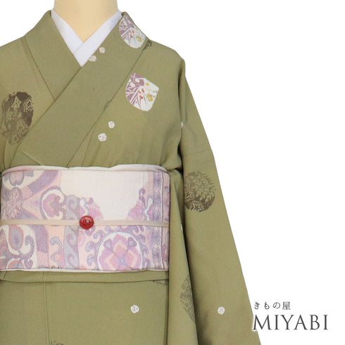 小紋 リサイクル 身丈161.5cm 裄67.6cm 袷 変わり丸柄 ゆったりサイズ グリーン Lサイズ お洒落 カジュアル ポリエステル 洗える着物 広衿 Aランク