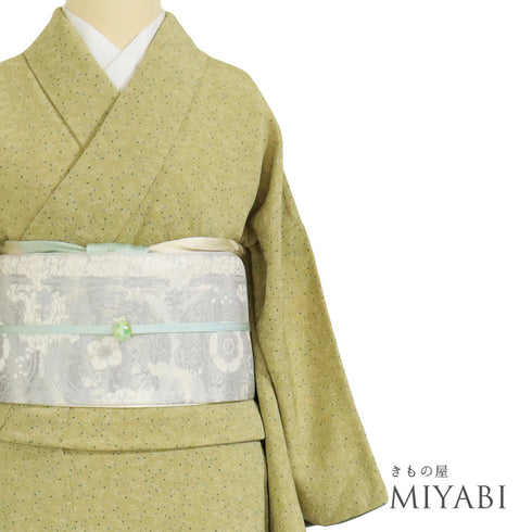 小紋 リサイクル 身丈161.5cm 裄64cm 袷 小花柄 イエロー Lサイズ お洒落 カジュアル 正絹 広衿 Sランク