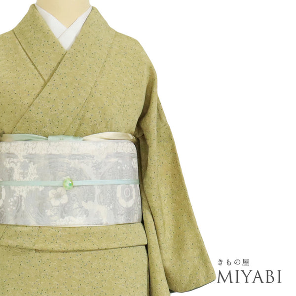 小紋 リサイクル 身丈161.5cm 裄64cm 袷 小花柄 イエロー Lサイズ お洒落 カジュアル 正絹 広衿 Sランク