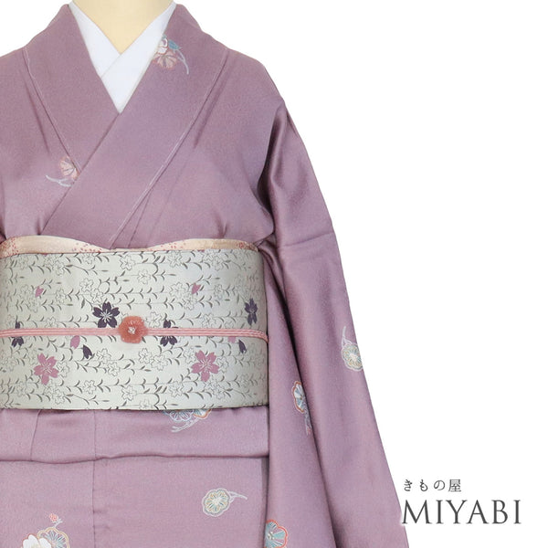 小紋 リサイクル 身丈171.5cm 裄68.4cm 袷 パールトーン加工 花柄 飛び柄 大和の歴史 パープル LLサイズ お洒落 証紙 しつけ糸 正絹 広衿 Sランク