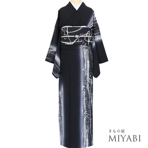 訪問着 リサイクル 身丈166cm 裄66.8cm 袷 たたきに刷毛目柄 ブラック LLサイズ お洒落 正絹 広衿 Aランク