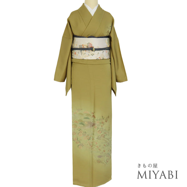 訪問着 リサイクル 身丈168.2cm 裄68cm 袷 風景柄 草花柄 汕頭刺繍 グリーン LLサイズ セミフォーマル お洒落 正絹 広衿 Sランク