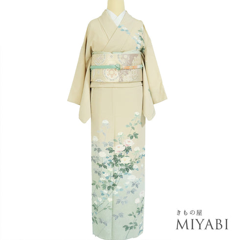 訪問着 リサイクル 身丈156cm 裄62.6cm 袷 手描き友禅花模様 ベージュ Mサイズ フォーマル セミフォーマル 正絹 広衿 Aランク