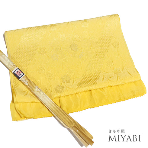 帯締め・帯揚げセット リサイクル お洒落 平組紐 ちりめん イエロー 正絹 未使用品 花柄
