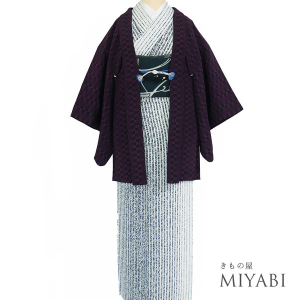 羽織 リサイクル 身丈77cm 裄62.4cm 袷 市松柄 パープル SSサイズ お洒落 ポリエステル 洗える着物 Sランク