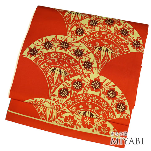 名古屋帯 リサイクル 帯丈363.5cm 全通 塩瀬 デザイン青海波柄 オレンジ Mサイズ 正絹 Sランク お洒落