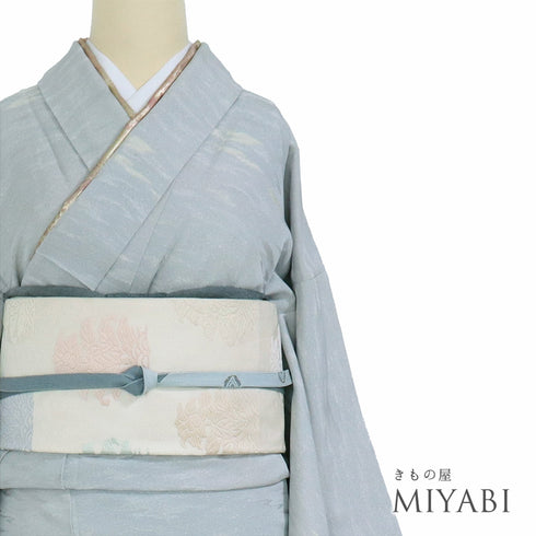 小紋 リサイクル 身丈157.5cm 裄63.2cm 袷 霞柄 ブルー Mサイズ セミフォーマル 落款 一つ紋 正絹 広衿 Sランク