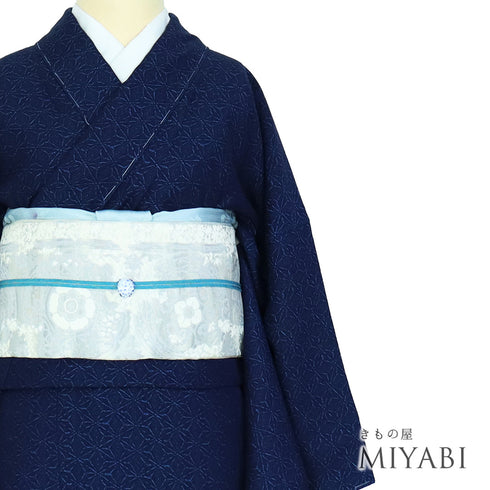 小紋 リサイクル 身丈157.5cm 裄66.4cm 袷 麻の葉柄 藍染 ゆったりサイズ ネイビー Mサイズ お洒落 カジュアル しつけ糸 正絹 広衿 Sランク