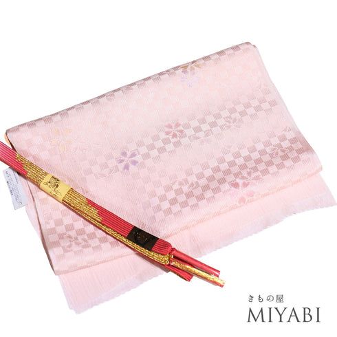 帯締め・帯揚げセット 手組紐 ちりめん ピンク 正絹 新品・未使用品 市松の地紋に桜柄