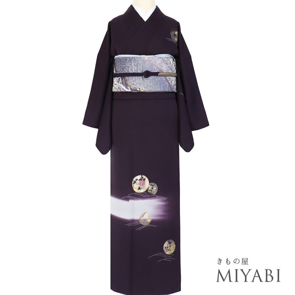 付下げ リサイクル 身丈159.8cm 裄67.2cm 袷 刺繍 箔加工 花柄 パープル Mサイズ セミフォーマル お洒落 正絹 広衿 Aランク