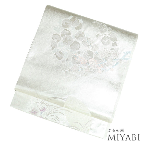 袋帯 リサイクル 帯丈438cm 六通 桔梗に梅や波柄 シルバー Mサイズ 正絹 Sランク フォーマル