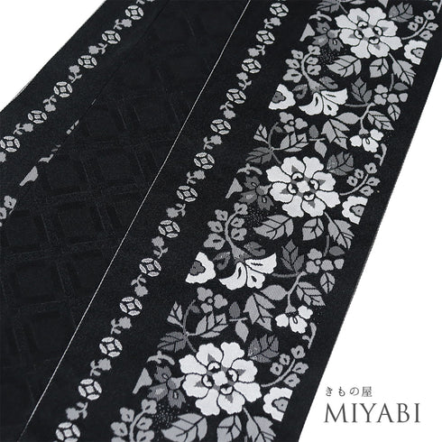 半巾帯 リサイクル 帯丈396cm 全通 唐花柄 ブラック SSサイズ ポリエステル Sランク カジュアル お洒落