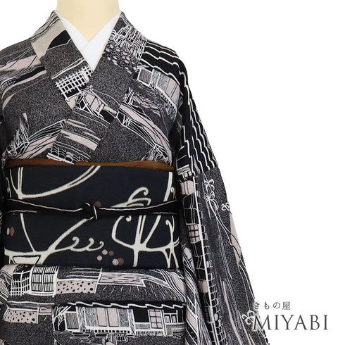 小紋 リサイクル 身丈166cm 裄70.8cm 単衣 和の景色 小原敏 作家物 ブラック LLサイズ お洒落 カジュアル 落款 正絹 広衿 Sランク