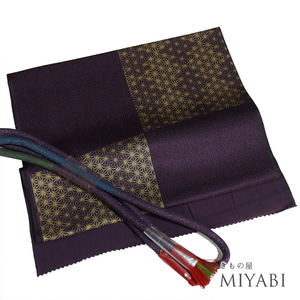 帯締め・帯揚げセット リサイクル 丸組紐 ちりめん パープル 正絹 新品・未使用品 市松に麻の葉柄 ぼかし
