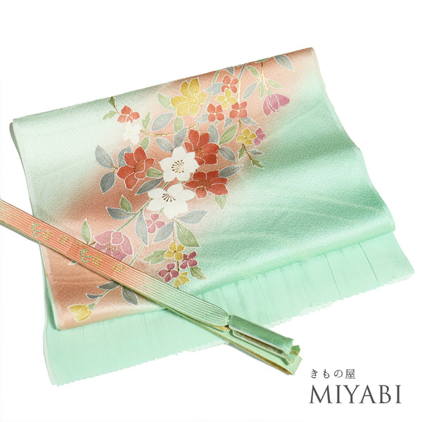 帯締め・帯揚げセット リサイクル 平組紐 ちりめん グリーン 正絹 新品・未使用品 花柄