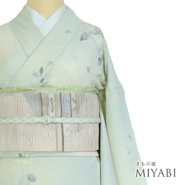 小紋 リサイクル 夏着物 身丈159.5cm 裄66.8cm 絽 草花柄 既製品 ブルー Mサイズ お洒落 カジュアル ポリエステル 洗える着物 広衿 Aランク