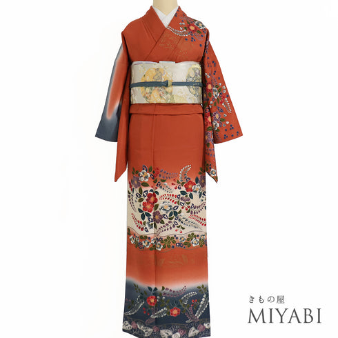 訪問着 リサイクル 身丈161cm 裄64.6cm 袷 辻が花風模様 箔加工 オレンジ Lサイズ セミフォーマル お洒落 正絹 広衿 Sランク