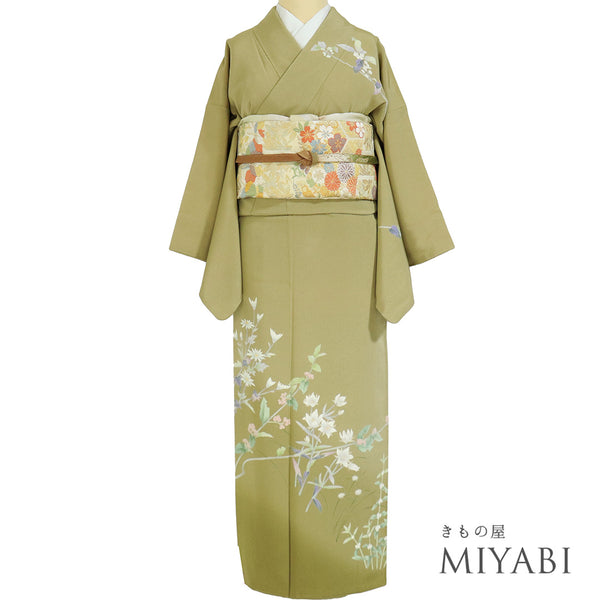 訪問着 リサイクル 身丈150cm 裄62.4cm 袷 草花柄 山﨑巌 グリーン SSサイズ セミフォーマル 落款 一つ紋 正絹 広衿 Sランク