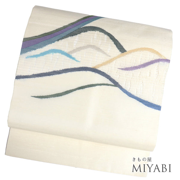 名古屋帯 リサイクル 帯丈371cm ポイント柄 デザイン線模様 ベージュ Mサイズ 正絹 Sランク お洒落