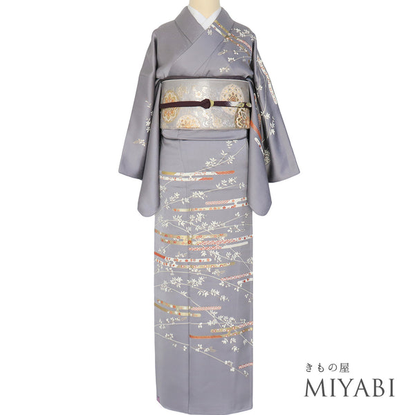 訪問着 リサイクル 身丈160cm 裄66.8cm 袷 エ霞に橘や藤柄 地紋 刺繍 箔 パールトーン加工 パープル Mサイズ セミフォーマル 正絹 広衿 Aランク