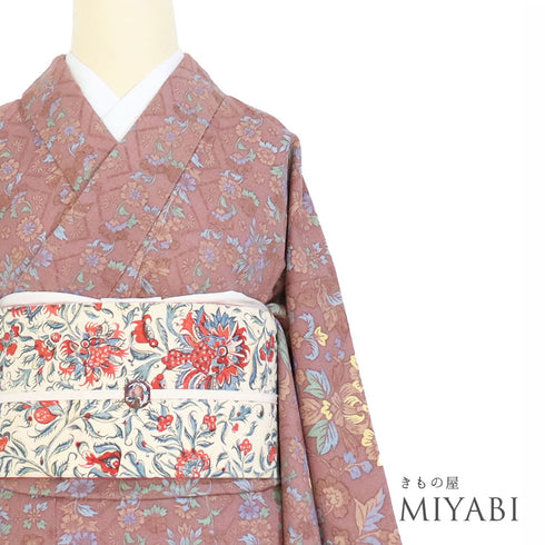 紬 リサイクル 身丈153.5cm 裄63.6cm 袷 更紗に鳳凰柄 ブラウン Sサイズ カジュアル お洒落 正絹 広衿 Sランク