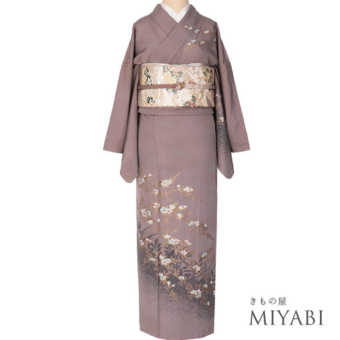 訪問着 リサイクル 身丈161.5cm 裄68cm 袷 花枝柄 草花 箔加工 パープル Lサイズ セミフォーマル お洒落 正絹 広衿 Sランク