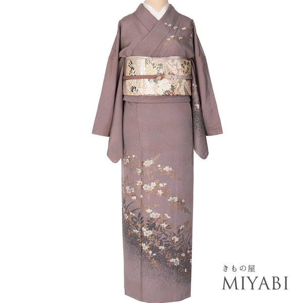 訪問着 リサイクル 身丈161.5cm 裄68cm 袷 花枝柄 草花 箔加工 パープル Lサイズ セミフォーマル お洒落 正絹 広衿 Sランク