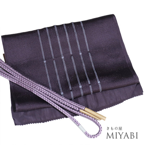 帯締め・帯揚げセット リサイクル 平組紐 ちりめん パープル 正絹 新品・未使用品 デザイン縞柄