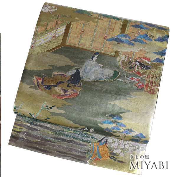 袋帯 リサイクル 帯丈440cm 六通 ポイント柄 平安絵巻柄 西陣織 貴秀螺鈿 シルバー Mサイズ 正絹 新品・未使用品 フォーマル