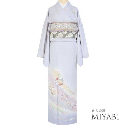 訪問着 リサイクル 身丈163.8cm 裄71.8cm 袷 花丸や華文柄 地紋 金駒刺繍 グレー Lサイズ フォーマル セミフォーマル 正絹 広衿 Sランク