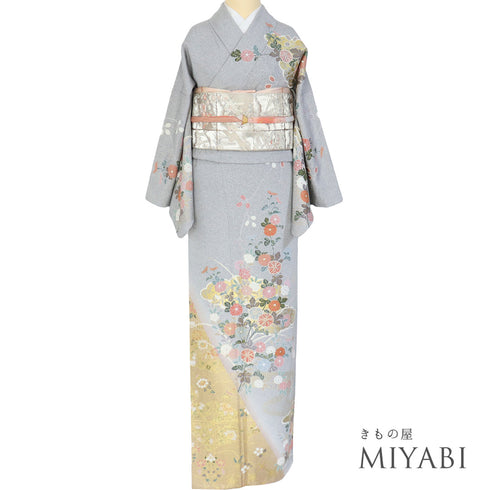 訪問着 リサイクル 身丈161.3cm 裄67.2cm 袷 菊柄 たたき柄 箔加工 グレー Lサイズ セミフォーマル お洒落 正絹 広衿 Sランク