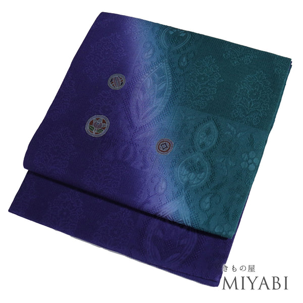 名古屋帯 リサイクル 帯丈388cm ポイント柄 開き仕立て 地紋 橘柄 パープル Lサイズ 正絹 Sランク お洒落