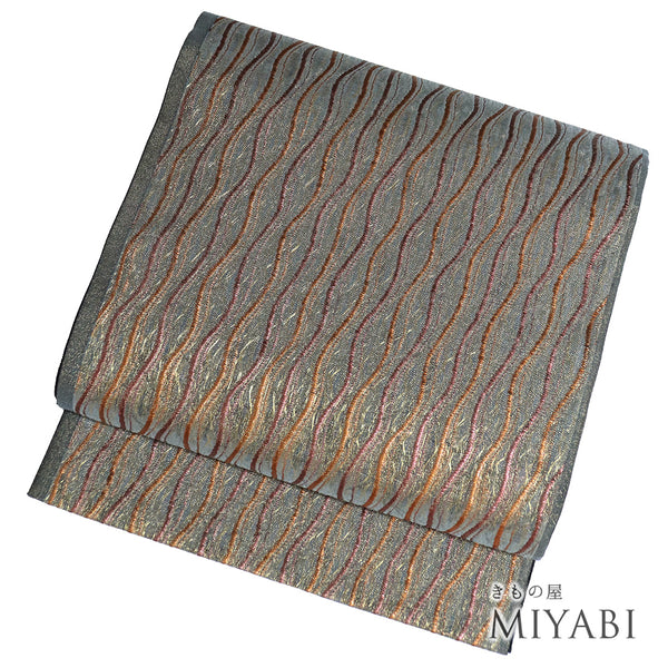 袋帯 リサイクル 帯丈444cm 六通 立涌文様 グレー Mサイズ 正絹 新品・未使用品 お洒落