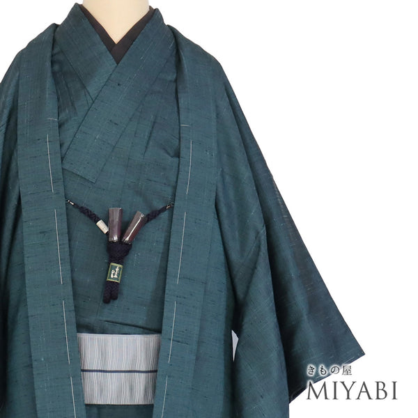 アンサンブル 男物 リサイクル 身丈137.1cm 裄68cm 羽織丈89cm 袷 紬 パールトーン加工 グリーン SSサイズ お洒落 カジュアル しつけ糸 正絹 棒衿 Sランク