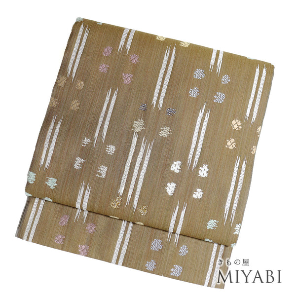 袋帯 帯丈454cm 六通 デザイン絣柄 ブラウン Lサイズ 正絹 Sランク お洒落 カジュアル