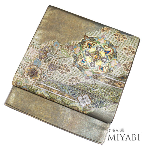 袋帯 リサイクル 帯丈448cm ポイント柄 汕頭 華紋柄 ブラウン Mサイズ 正絹 Sランク フォーマル セミフォーマル