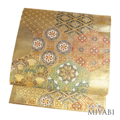 袋帯 リサイクル 帯丈432cm 六通 亀甲に華文柄 西陣織 ゴールド Sサイズ 正絹 Sランク フォーマル セミフォーマル