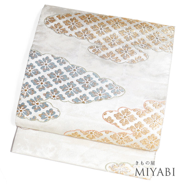 袋帯 リサイクル 帯丈432cm 六通 雲に有職文様 シルバー Sサイズ 正絹 Sランク フォーマル セミフォーマル