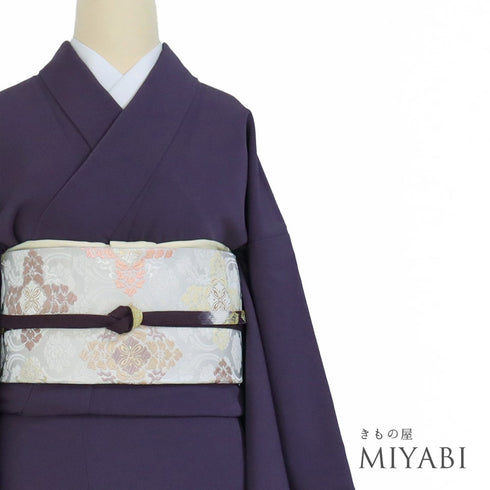 色無地 リサイクル 身丈158.2cm 裄66cm 袷 パープル Mサイズ セミフォーマル お洒落 一つ紋 しつけ糸 正絹 広衿 地紋なし Sランク