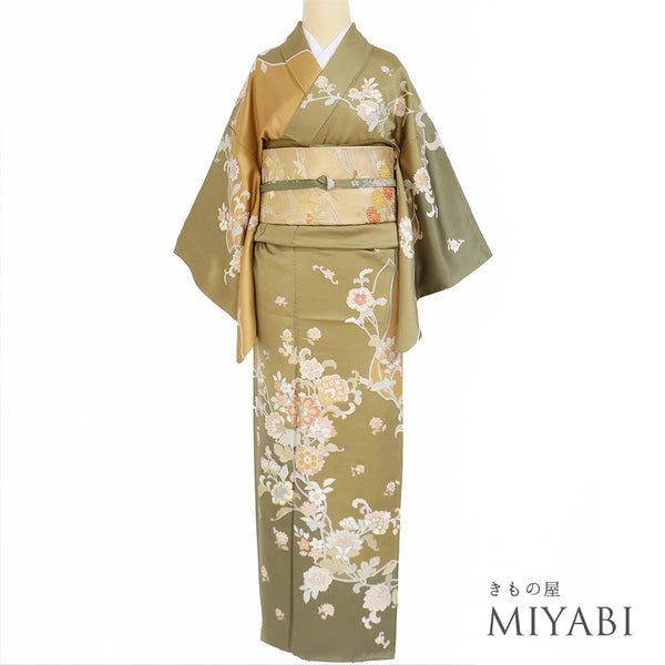 訪問着 リサイクル 身丈149cm 裄62.4cm 袷 花唐草模様 刺繍 金駒 ブラウン SSサイズ セミフォーマル 落款 一つ紋 正絹 広衿 Sランク