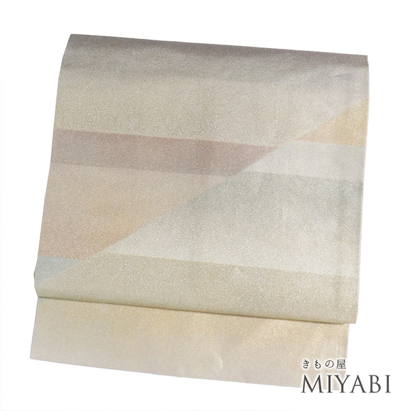 名古屋帯 リサイクル 帯丈365.5cm ポイント柄 デザイン模様 グレー Mサイズ 正絹 Sランク お洒落