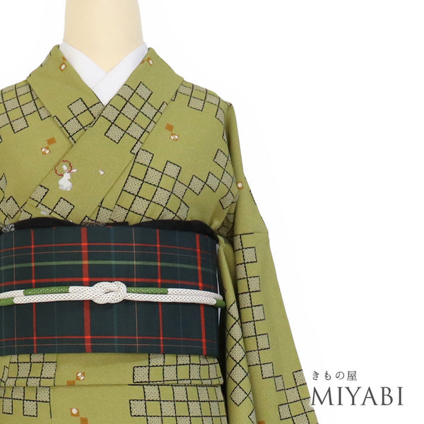 小紋 リサイクル 身丈168.8cm 裄67cm 袷 雪輪にうさぎ柄 グリーン LLサイズ お洒落 カジュアル ポリエステル 洗える着物 広衿 Sランク