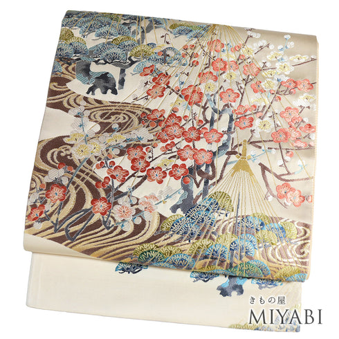 袋帯 リサイクル 帯丈442cm 六通 流水 雪つり 松梅柄 となみ帯 アイボリー Mサイズ 正絹 Sランク フォーマル セミフォーマル