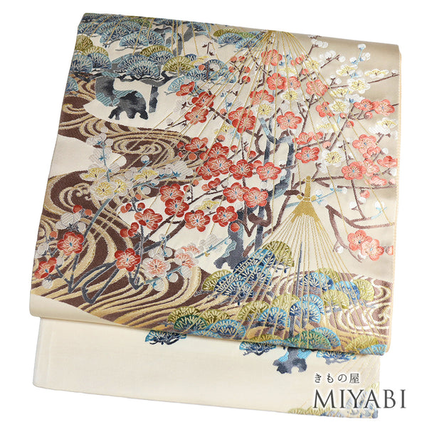 袋帯 リサイクル 帯丈442cm 六通 流水 雪つり 松梅柄 となみ帯 アイボリー Mサイズ 正絹 Sランク フォーマル セミフォーマル