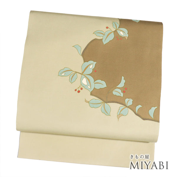 名古屋帯 リサイクル 帯丈375cm ポイント柄 植物柄 塩瀬 ブラウン Mサイズ 正絹 Sランク お洒落 カジュアル