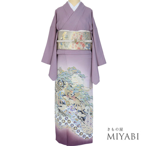 色留袖 リサイクル 身丈160.5cm 裄64.2cm 袷 宮延鳳凰風 比翼無し パープル Lサイズ 落款 一つ紋 正絹 広衿 Sランク